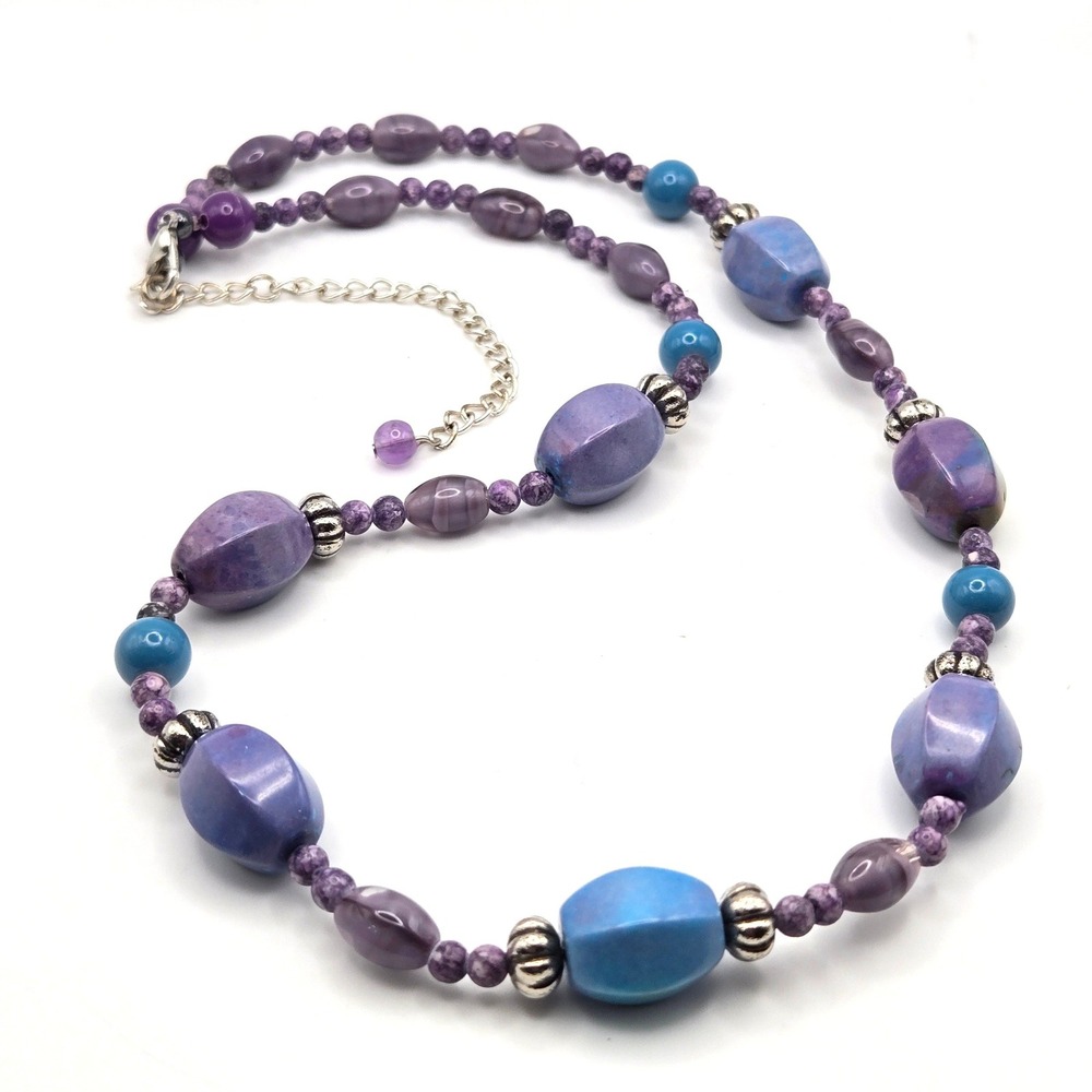 Purple Blue‎ Stone Glass Ceramic Beaded Necklace Silver Tone Accents Adjustable
